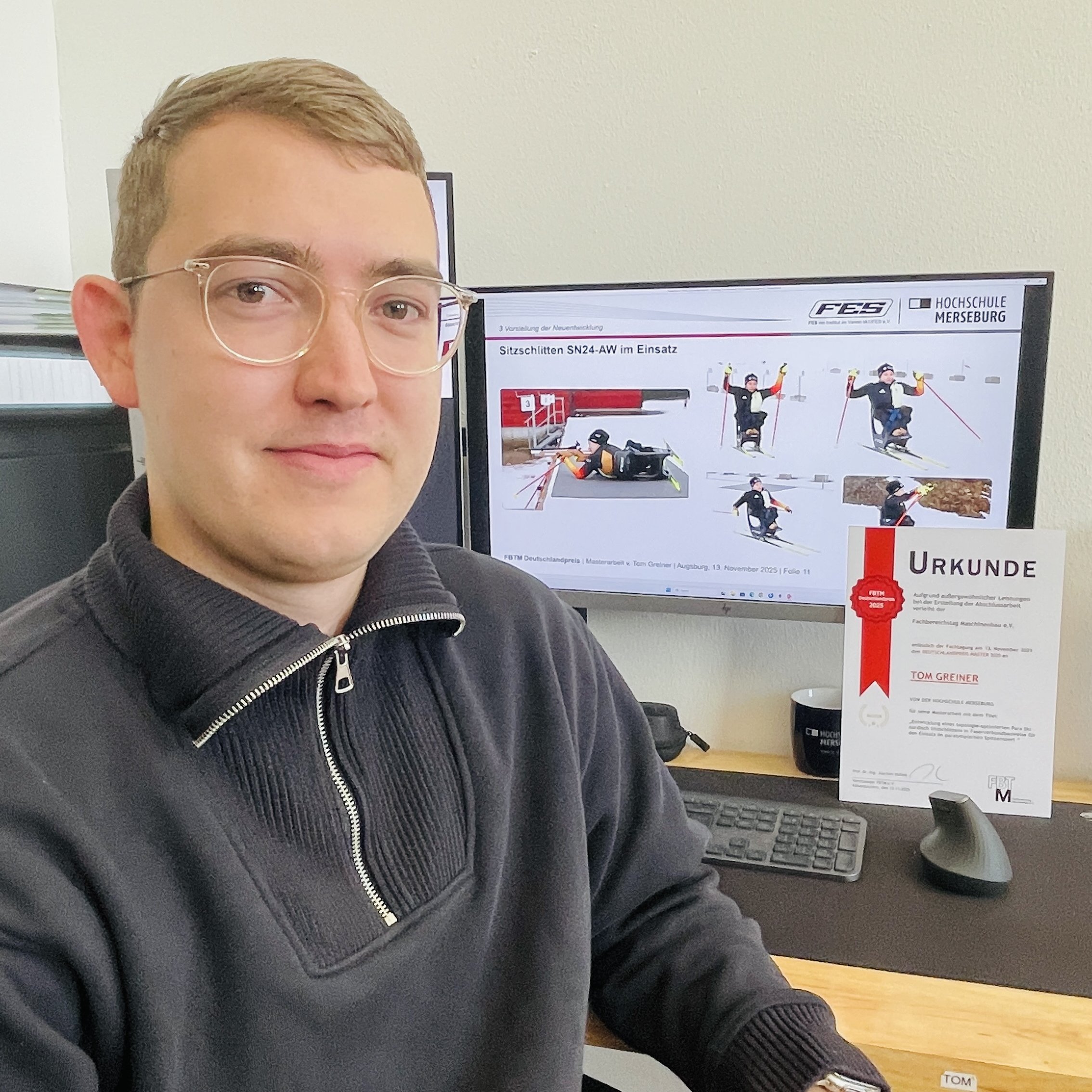 Portraitfoto Tom Greiner Eine Person sitzt am Schreibtisch vor seinem Monitor