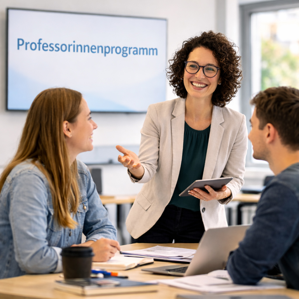 Professorinnenprogramm 2030 / KI-generiert Professorin im Seminarraum mit zwei Studierenden