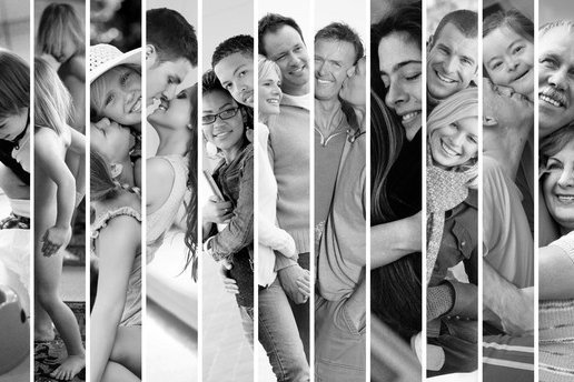 Sexologie verschiedene Personen in schwaz und weiß durch weße vertikale Striche getrennt